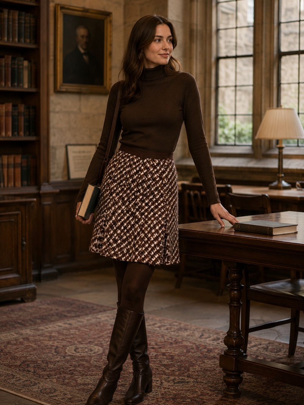 Oscar de la Renta Brown and White Size 12 Tweed Skirt